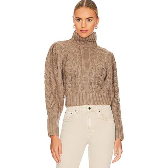 ASTR The Label Cable Knit Fishermans Sweater S Chunky Puff Sleeve Turtleneck Tan - Picture 1 of 10
